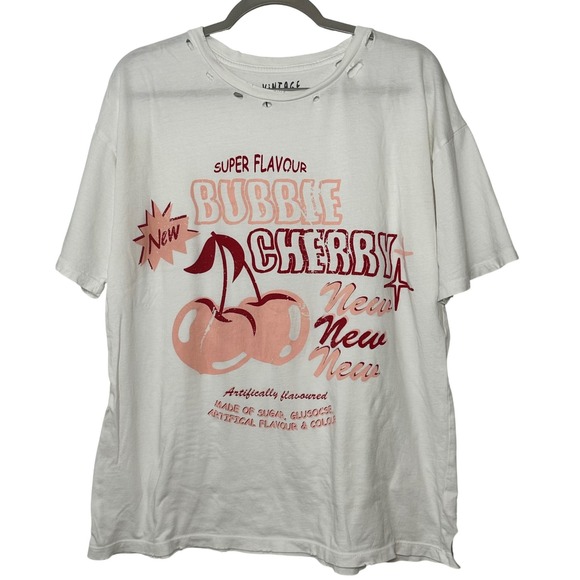 Vintage Canvas Tops - Bubble Cherry Oversized Graphic Tee White Distressed Size Small Pink Red
